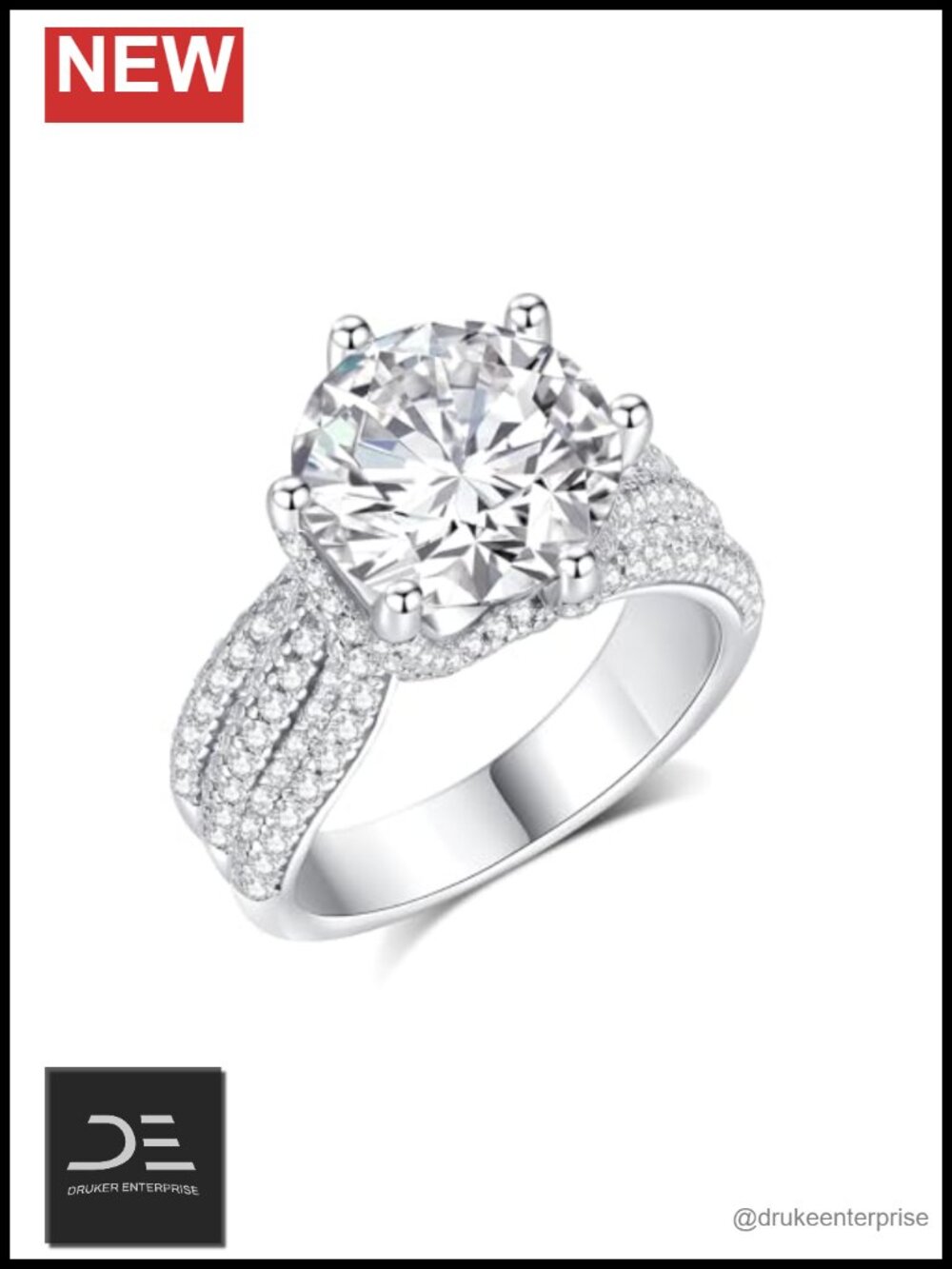 3ct Moissanite Engagement Ring 9MM Round Sterling Silver Wedding